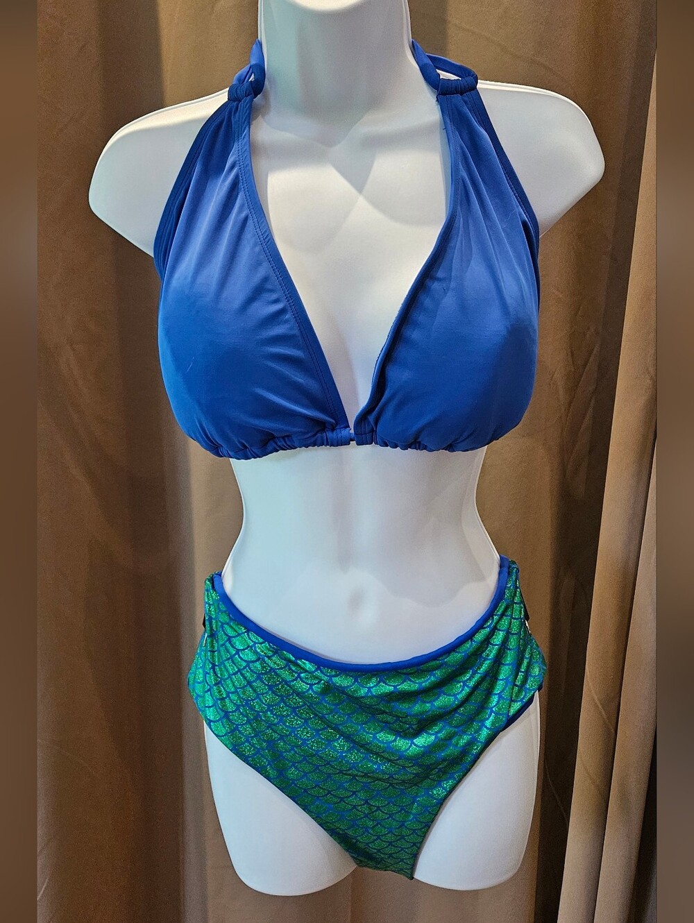 Alexis Blue Halter Bikini Top 42DD with Green Scale-Print Bottoms M & L